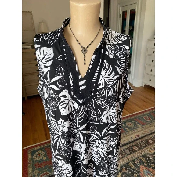 Stella Parker Black White Tropical Monstera Leaf Sleeveless Shift Dress Large - Picture 3 of 11